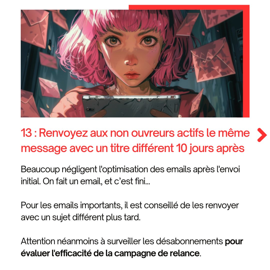 conseilsmkg's tweet photo. Astuce Emailing N°13 - Renvoyez aux non ouvreurs actifs le même message avec un titre différent 10 jours après

Consultez le dossier complet sur https://t.co/9lbHHepzXW

#emailings https://t.co/HZ8tWYNMlQ