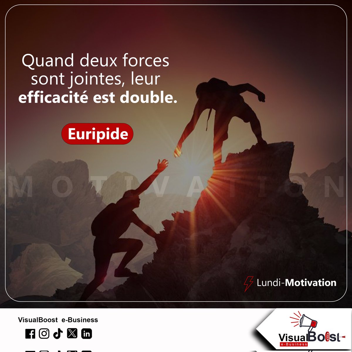 Visualboost_eB's tweet image. 𝘾&apos;𝙚𝙨𝙩 𝙡𝙪𝙣𝙙𝙞

Quand deux forces s&apos;unissent, leur impact est multiplié, permettant de surmonter les obstacles et d&apos;obtenir des résultats plus rapidement. Ensemble, maximisons notre potentiel !

#motivation 

Cliquez ici👇
wa.me/message/ORTKVA… pour nous contacter.