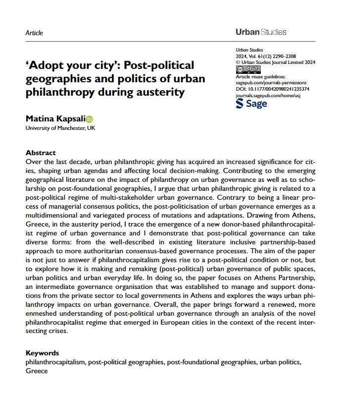 My paper on the post-political geographies of urban philanthropy is now out online in this month's <a href="/USJ_online/">Urban Studies Journal</a> issue! 

Find it here ow.ly/HUJ650Tl5V0
#OpenAccess #PostPoliticalGeographies #Greece