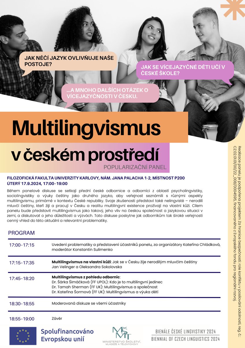 🗣️ Jak se u nás žije lidem, pro něž čeština není rodným jazykem? Zveme vás na panelovou debatu o multilingvismu v Česku, která se uskuteční 17. 9. od 17:00 na FF UK. Debata je součástí Bienále české lingvistiky. Akce bude streamovaná, registrace na: bcl2024.ff.cuni.cz/multilingvismu….
