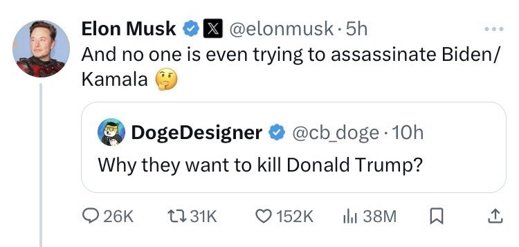 These 2 puerile, delinquent &amp; irresponsible tweets (both now deleted) were posted by (1) a person who’s seeking election to the presidency of the USA &amp; (2) the richest person in the world, who also owns this social media platform. Just let all that sink in for a moment. 😬🥴