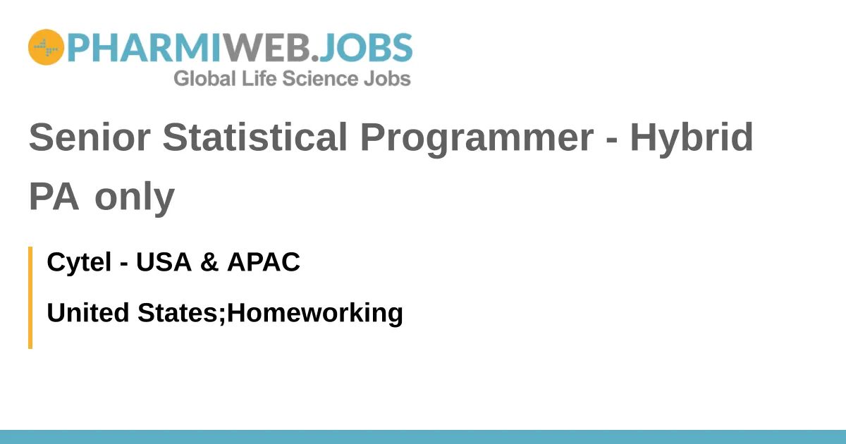 PharmaNewsUS's tweet image. Senior Statistical Programmer - Hybrid PA only
buff.ly/3XHhjtQ
#SeniorStatisticalProgrammer #OncologyTA #DataMigration #SASProgramming #ClinicalTrials #CytelInc #pharmiweb