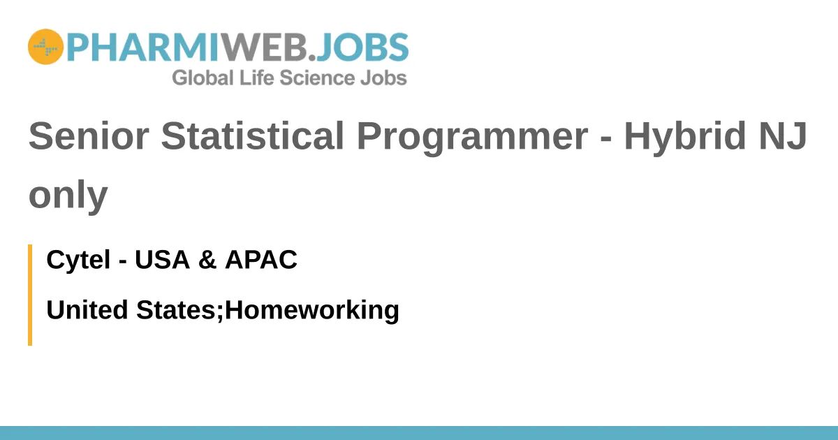 PharmaNewsUS's tweet image. Senior Statistical Programmer - Hybrid NJ only
buff.ly/3zh3RUb
#SeniorStatisticalProgrammer #ClinicalTrials #SASProgramming #OncologyTA #DataMigration #CytelInc #pharmiweb
