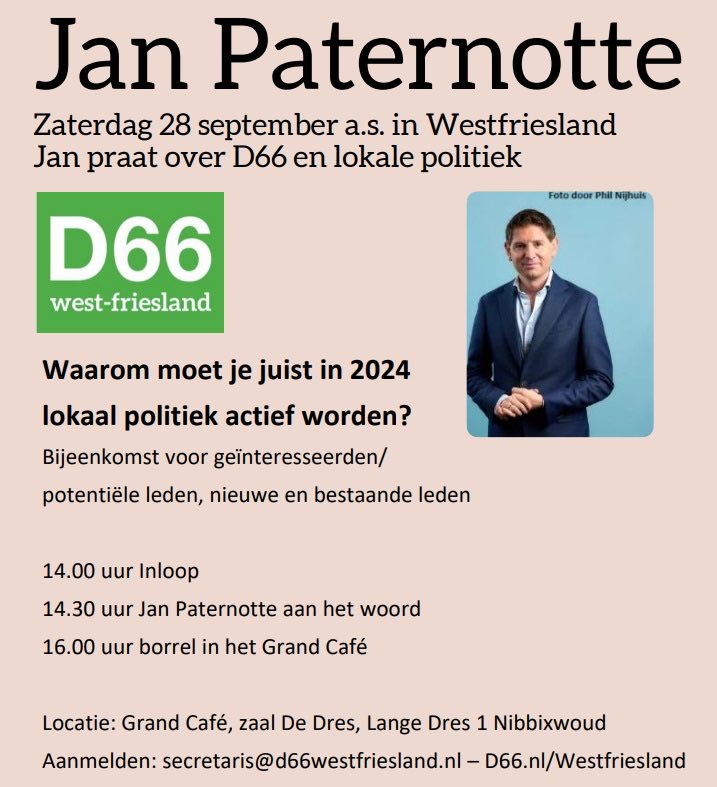 Jan Paternotte <a href="/jpaternotte/">Jan Paternotte</a> komt 28 september naar Westfriesland. <a href="/D66WF/">D66 West-Friesland</a>
Kom ook en ga in gesprek met Jan over waarom je juist nu politiek actief moet worden in de lokale politiek. #D66