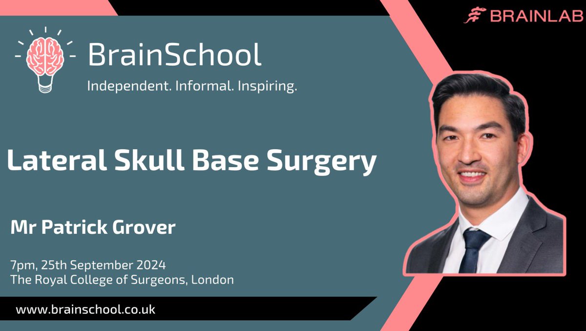 Brain School (@brainschool101) on Twitter photo ❗️Ready to get to the root of lateral skull base surgery?
🧠 Join us this month as we welcome back former BrainSchool committee member, the fantastic Mr <a href="/PatrickGrover4/">Patrick Grover</a> from <a href="/QSNeurosurgery/">Queen Square Neurosurgery</a>!
⏰ Wednesday, 25th September, 7:00pm
🗺️ <a href="/RCSnews/">The Royal College of Surgeons of England</a>
🥳 Catch up drinks afterwards! ❗️Ready to get to the root of lateral skull base surgery?
🧠 Join us this month as we welcome back former BrainSchool committee member, the fantastic Mr <a href="/PatrickGrover4/">Patrick Grover</a> from <a href="/QSNeurosurgery/">Queen Square Neurosurgery</a>!
⏰ Wednesday, 25th September, 7:00pm
🗺️ <a href="/RCSnews/">The Royal College of Surgeons of England</a>
🥳 Catch up drinks afterwards!