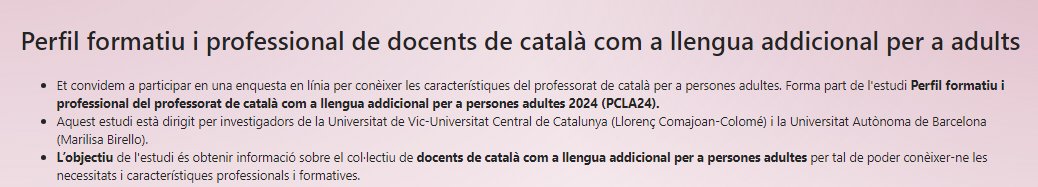 Grup de recerca Glossa | UVic-UCC (@grupglossa) on Twitter photo ✏️Ets docent de català per a persones adultes? Participa a l'enquesta "Perfil formatiu i professional de docents de català com a llengua addicional per a adults". Coord: L. Comajoan, <a href="/MarilisaBirello/">Marilisa Birello</a>, <a href="/ICEUAB/">ICE de la UAB</a> i <a href="/SER_CLE/">SERCLE</a>
➡️forms.office.com/e/n5pAen1VEg
<a href="/cpnlcat/">Consorci per a la Normalització Lingüística</a> <a href="/IRLlull/">Institut Ramon Llull</a> <a href="/eoicat/">eoicat</a> ✏️Ets docent de català per a persones adultes? Participa a l'enquesta "Perfil formatiu i professional de docents de català com a llengua addicional per a adults". Coord: L. Comajoan, <a href="/MarilisaBirello/">Marilisa Birello</a>, <a href="/ICEUAB/">ICE de la UAB</a> i <a href="/SER_CLE/">SERCLE</a>
➡️forms.office.com/e/n5pAen1VEg
<a href="/cpnlcat/">Consorci per a la Normalització Lingüística</a> <a href="/IRLlull/">Institut Ramon Llull</a> <a href="/eoicat/">eoicat</a>