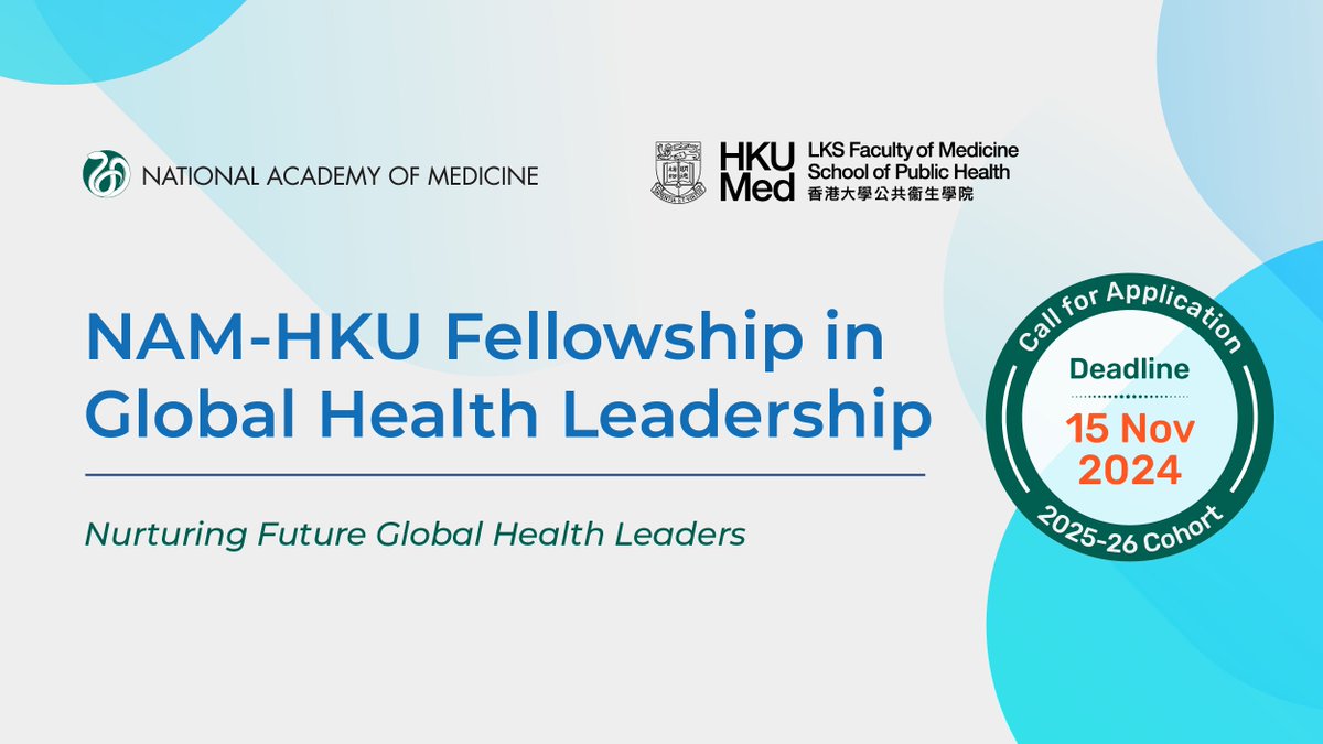 HKU Public Health (@hku_sph) on Twitter photo The NAM-HKU Fellowship in Global Health Leadership 2025 is now open! This two-year program supports early to mid-career scholars in global health leadership, offering training at #HKUSPH & the NAM. <a href="/theNAMedicine/">National Academy of Medicine</a> #HKU #fellowship #publichealth #MPH
Apply💁♂️bit.ly/sphnam2024 The NAM-HKU Fellowship in Global Health Leadership 2025 is now open! This two-year program supports early to mid-career scholars in global health leadership, offering training at #HKUSPH & the NAM. <a href="/theNAMedicine/">National Academy of Medicine</a> #HKU #fellowship #publichealth #MPH
Apply💁♂️bit.ly/sphnam2024