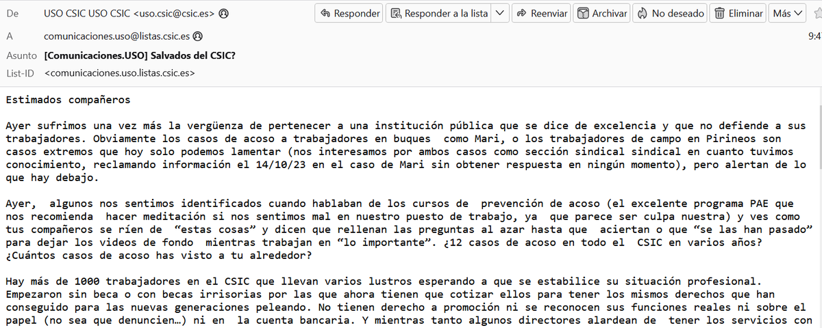 Azotesur's tweet image. La @deleg_USO_CSIC define muy bien en este comunicado cómo es el @CSIC, el que llevo sufriendo desde 1986, @jordievole @FerGonzo @salvadostv 

Se puede decir más alto pero no más claro 😡

#SalvadosAcosoCSIC #MeTooCSIC #AcosoLaboral #BuqueGarcíadelCid #BOGarcíadelCid #CSIC 

👇