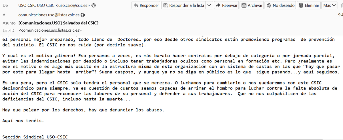 Azotesur's tweet image. La @deleg_USO_CSIC define muy bien en este comunicado cómo es el @CSIC, el que llevo sufriendo desde 1986, @jordievole @FerGonzo @salvadostv 

Se puede decir más alto pero no más claro 😡

#SalvadosAcosoCSIC #MeTooCSIC #AcosoLaboral #BuqueGarcíadelCid #BOGarcíadelCid #CSIC 

👇