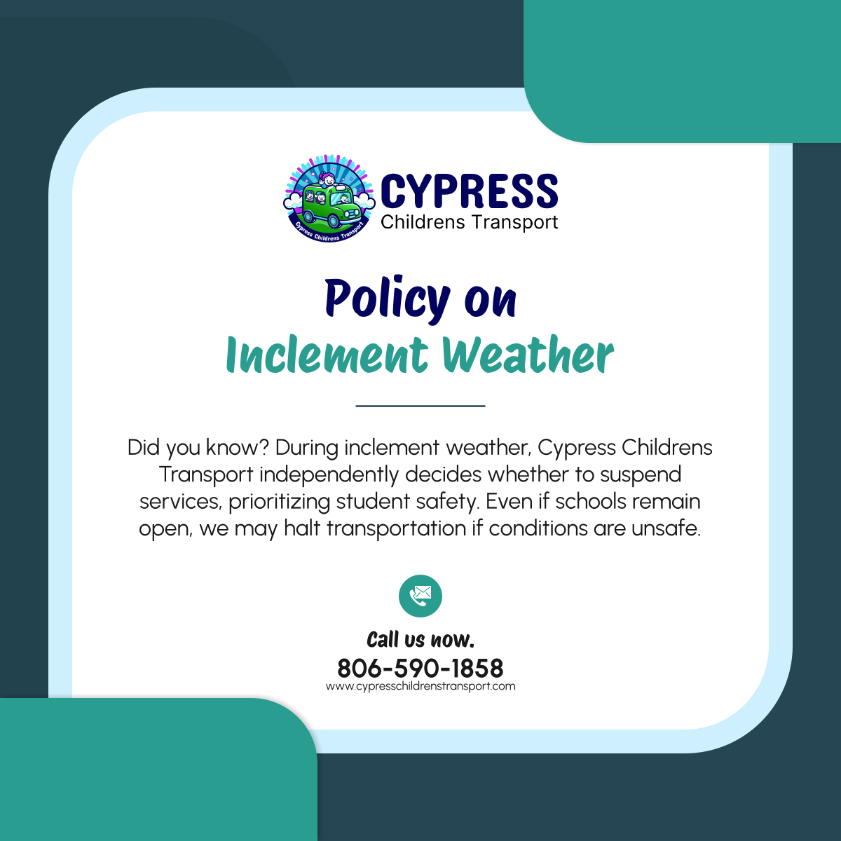 CypressTranspo's tweet photo. Your child’s safety is paramount. In bad weather, we may suspend services even if schools stay open. It’s our commitment to keep everyone safe. 

#CypressTX #SchoolTransportation #WeatherSafety https://t.co/Y9twH1Mvre