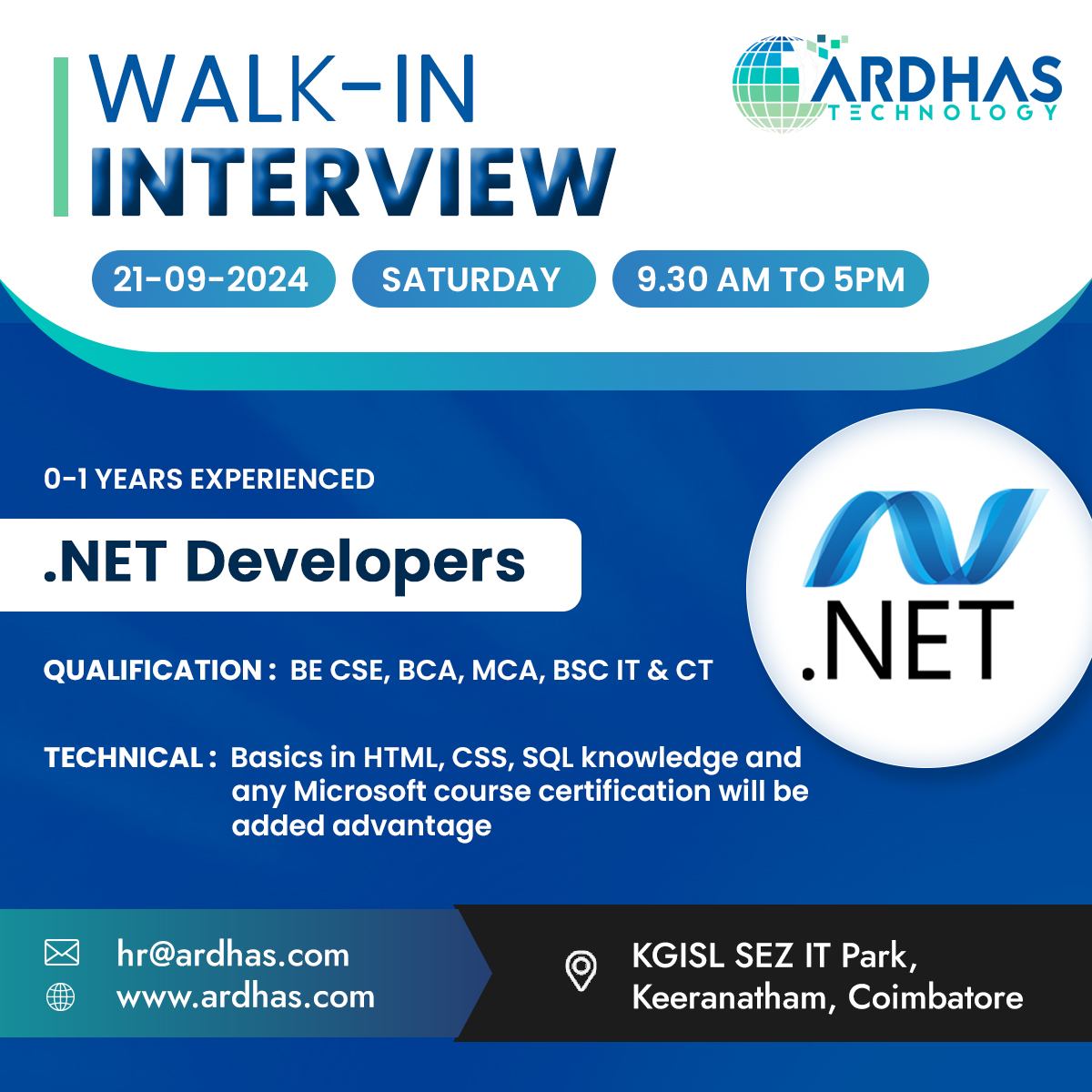 ArdhasTechnolog's tweet image. We&apos;re Hiring!

Walk-In-Interview

Send your updated resume to hr@ardhas.com

Location: Coimbatore

#DotNetHiring #HiringDotNetDevelopers #DotNetJobs #DotNetCareers #HiringNowDotNet #DotNetOpportunities #DotNetDevelopersWanted #TechJobsDotNet #DotNetTalent #JoinOurDotNetTeam