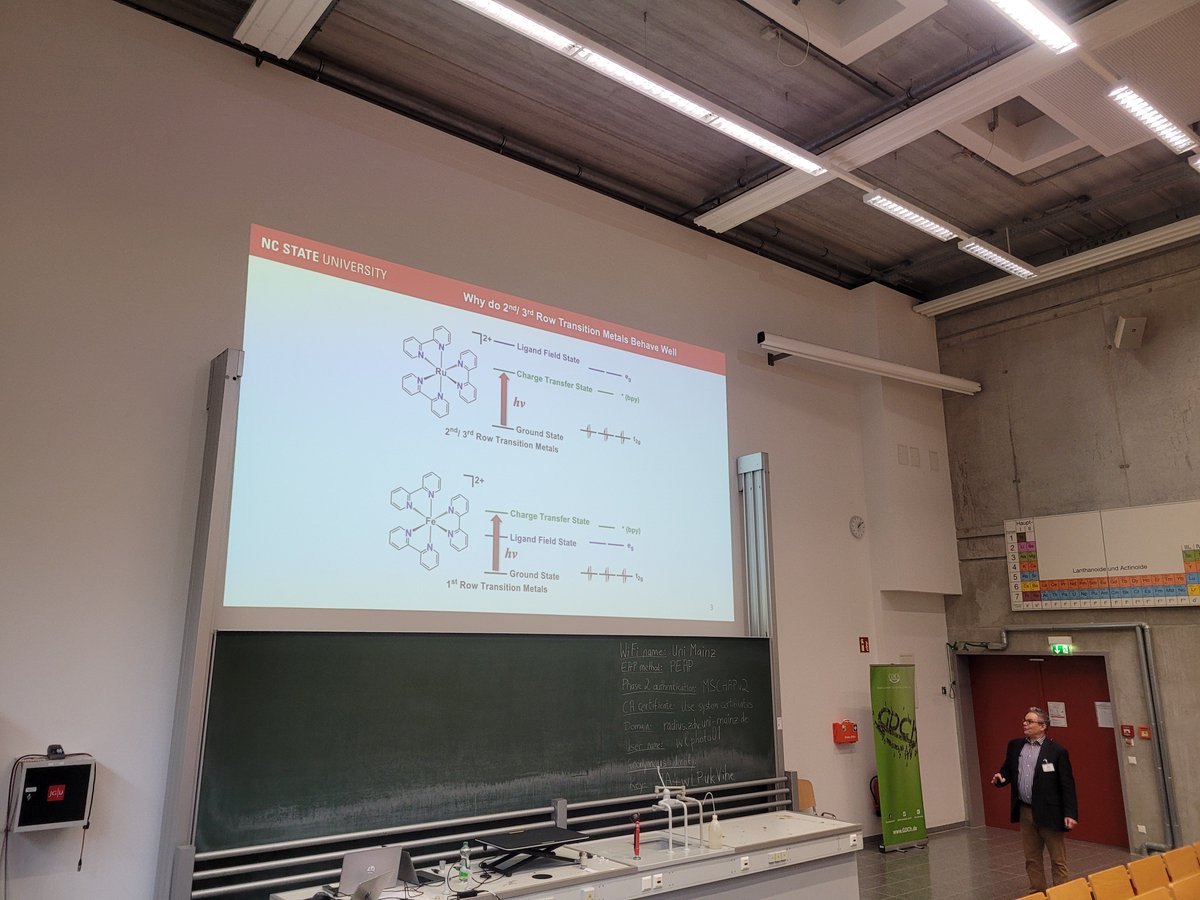 First speaker of the #LCP2024: Prof. Felix Castellano <a href="/FNCastellano/">Phil Castellano</a> on stage in the C01 lecture hall with almost 200 highly  excited photochemists. <a href="/main/">Main</a>