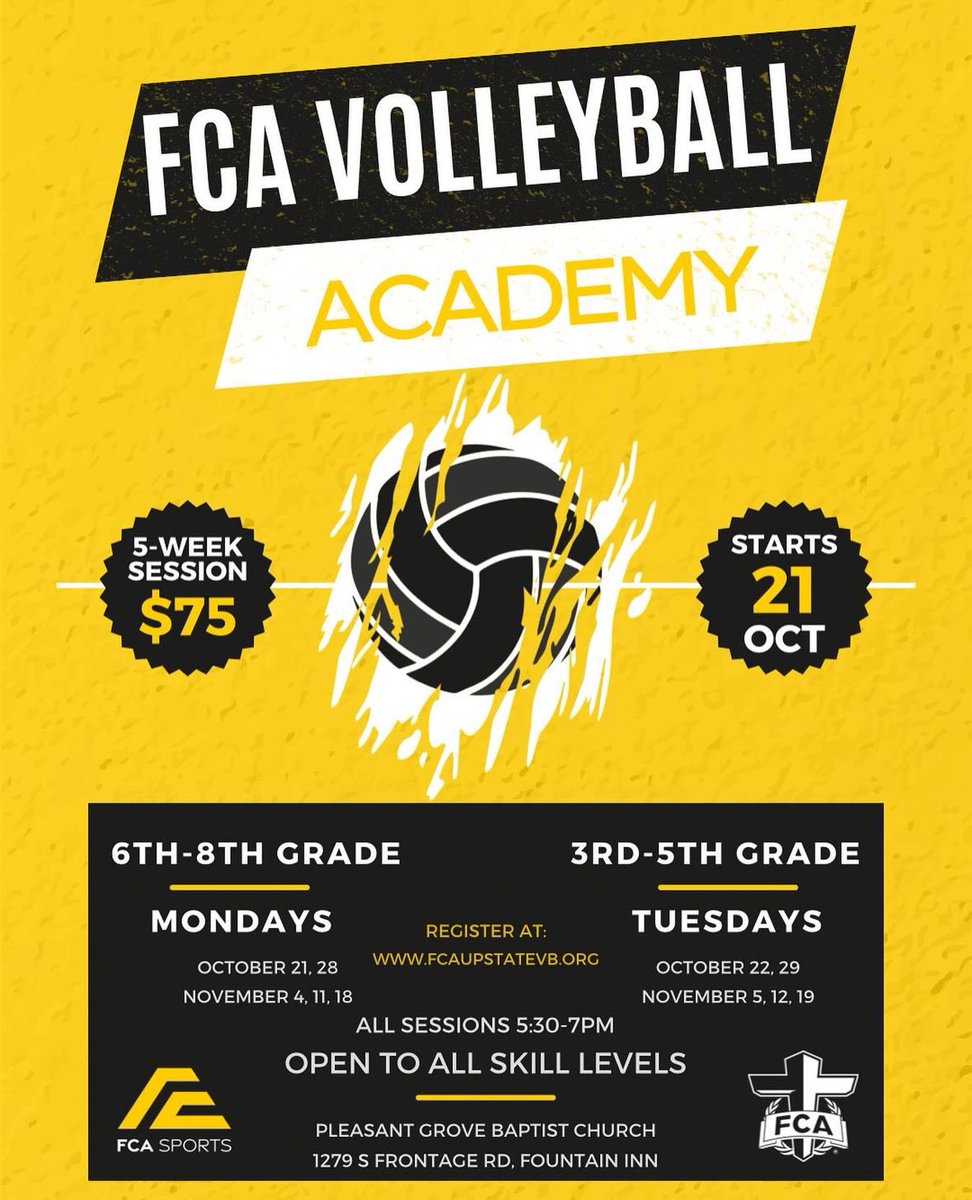 Carolinas FCA (@carolinasfca) on Twitter photo Registration is now open for our <a href="/fcaupstatevb/">FCAUpstateVB</a> Academy training in Fountain Inn, SC!
Starting October 21st, we’ll host a 5-week session at Pleasant Grove Baptist Church. To register, visit fcaupstatevb.org and click on the Registration button.
#FCA247 Registration is now open for our <a href="/fcaupstatevb/">FCAUpstateVB</a> Academy training in Fountain Inn, SC!
Starting October 21st, we’ll host a 5-week session at Pleasant Grove Baptist Church. To register, visit fcaupstatevb.org and click on the Registration button.
#FCA247