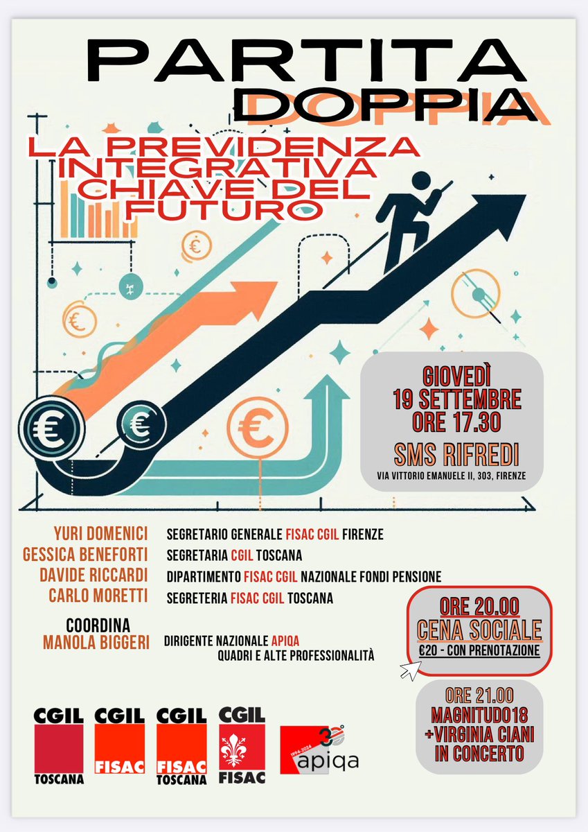 Giovedì 19 settembre a Firenze all’Sms di Rifredi la festa <a href="/FISACCGILFI/">FISAC CGIL Firenze</a>, dedicata al tema della #previdenza: in programma dibattito, cena sociale e concerto

👉 IL PROGRAMMA
⬇️⬇️⬇️
cgilfirenze.it/2024/09/il-19-…