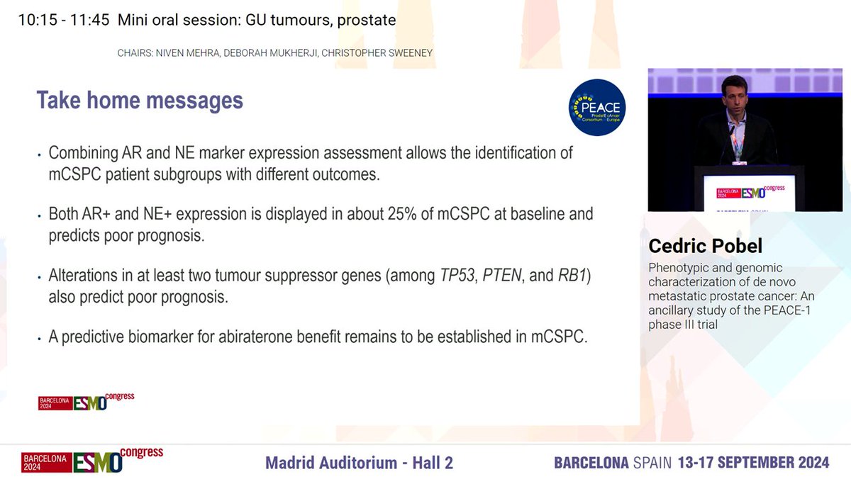 Pierre Blanchard, MD (@pblanchardmd) on Twitter photo Dr Pobel at #ESMO2024 presenting the molecular analysis of the PEACE 1 trial.
Identifies molecular phenotypes and prognostic markers but no interaction with abiraterone efficacy
Major undertaking by <a href="/GETUG_Unicancer/">GETUG</a> <a href="/GustaveRoussy/">Gustave Roussy</a> <a href="/y_loriot/">Yohann Loriot</a>. Dr Pobel at #ESMO2024 presenting the molecular analysis of the PEACE 1 trial.
Identifies molecular phenotypes and prognostic markers but no interaction with abiraterone efficacy
Major undertaking by <a href="/GETUG_Unicancer/">GETUG</a> <a href="/GustaveRoussy/">Gustave Roussy</a> <a href="/y_loriot/">Yohann Loriot</a>.