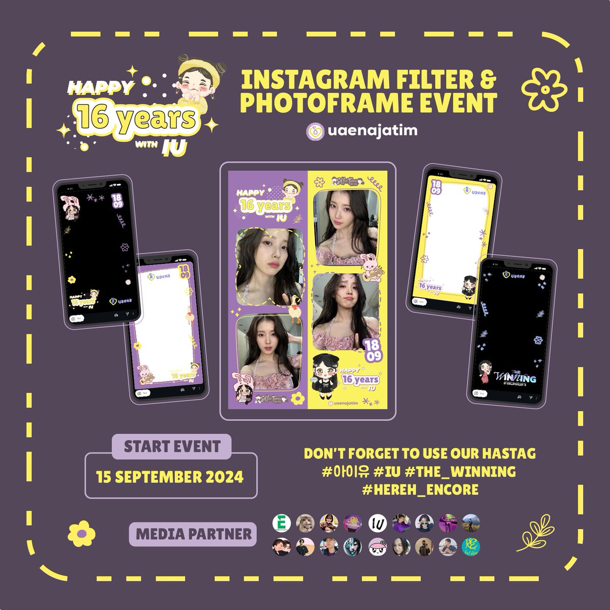 IUaenafess's tweet photo. HAPPY 16 YEARS WITH IU 🐰
INSTAGRAM FILTER &amp; PHOTO FRAME EVENT
by @uaenajatim
Instagram Filter (Worldwide)
📍 https://t.co/UCATsdZs8Z
Photoframe Event (Indonesia)
📍 @selfietimeid
📆 Start 15 September
Share your moment with the hashtag #아이유 #IU #THE_WINNING #HEREH_ENCORE https://t.co/1KalWpEw9q