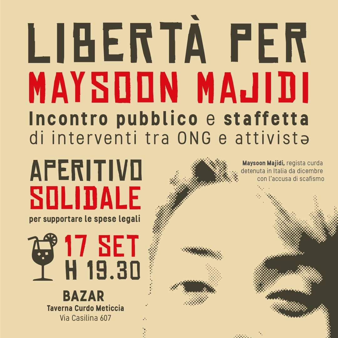 Domani sera, anche Mediterranea #SavingHumans sarà presente a #Roma all'aperitivo per le spese legali di #MaysoonMajidi, attivista curdo-iraniana in carcere da dicembre accusata di essere una cosiddetta scafista.

#FreeMaysoon