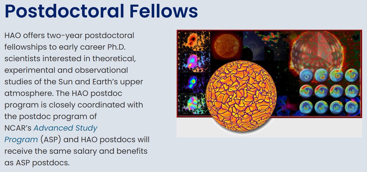 The NSF National Center for Atmospheric Research High Altitude Observatory and Advanced Study Program offer postdoctoral fellowships with an application deadline of October 31, 2024. Details: www2.hao.ucar.edu/about/visitor-…