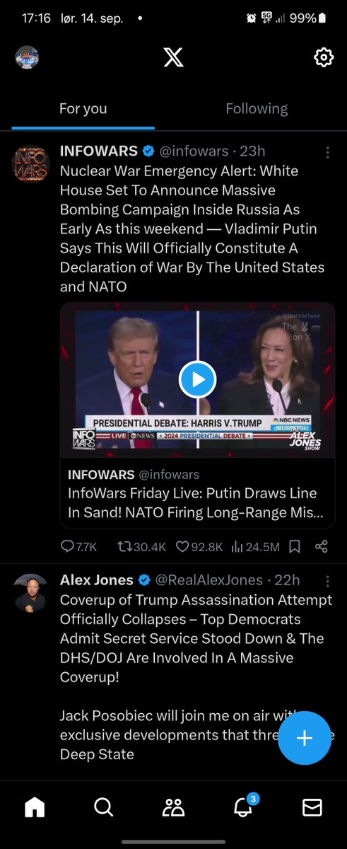 Lagde en helt ny konto her på Twitter/X, fulgte kun @playstation, <a href="/NintendoAmerica/">Nintendo of America</a> og @xbox. Dette er hvordan "For you" ser ut. Det er nesten bare amerikansk politikk (80% Trump), Elon Musk og fake news. Det lille av spill er fylt av aggressivitet. Ikke rart folk radikaliseres.