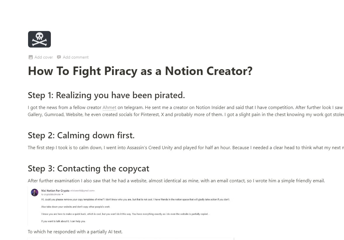 Giving back to the <a href="/NotionHQ/">Notion</a>  Community 💙

I made this 12 steps detailed document on how to fight piracy as a Notion creator!

So you will always be on one step ahead of those mf trying to steal from you!

Comment if you want to have it,  

so I can sent it to you ⚡