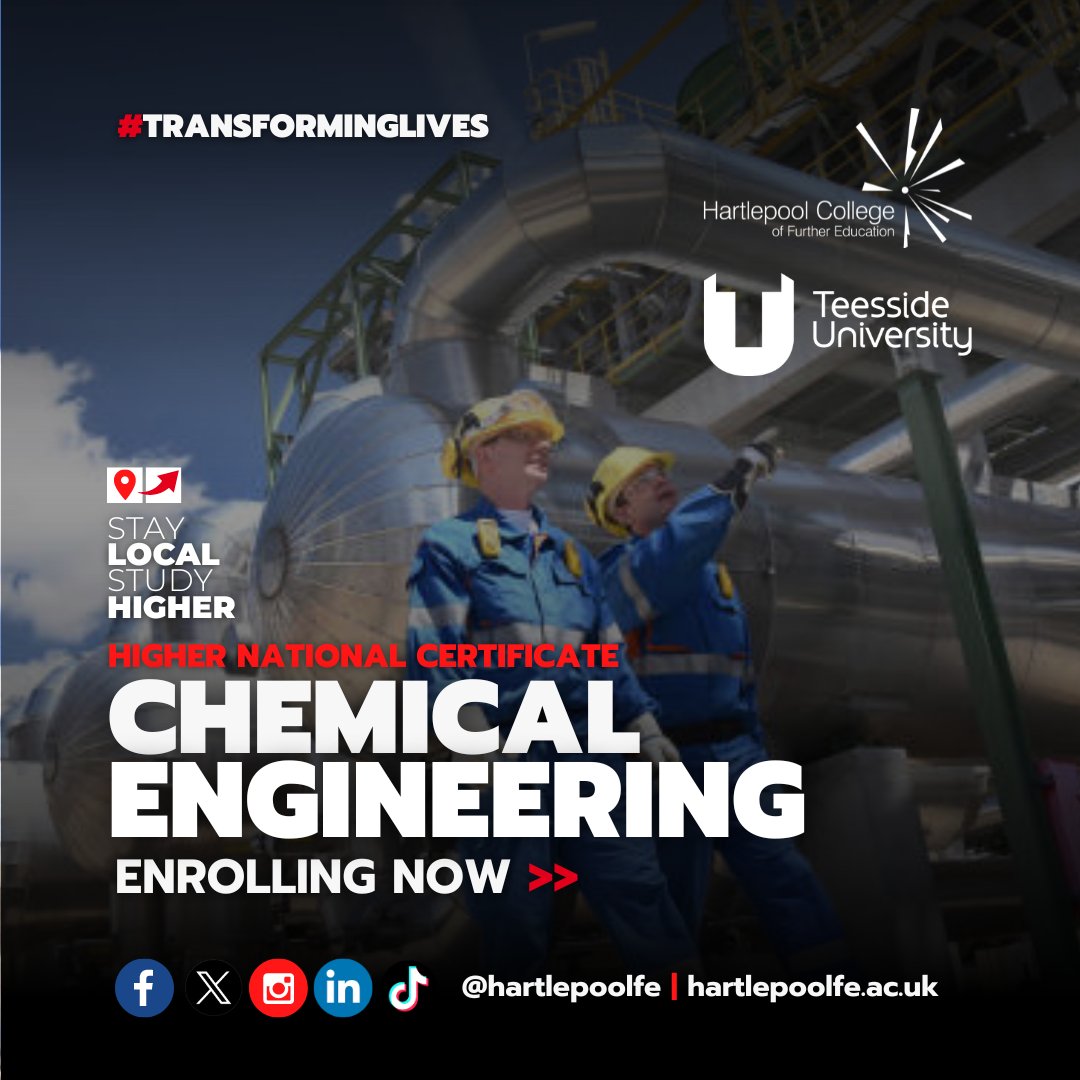 hartlepoolfe's tweet photo. Advance your CHEMICAL ENGINEERING career with our HNC, franchised by @TeessideUni
Learn from industry experts with part-time flexibility & personalised learning. #StayLocalStudyHigher & boost your career today!
#TransformingLives #ChemicalEngineering https://t.co/r9FXOX7hr9