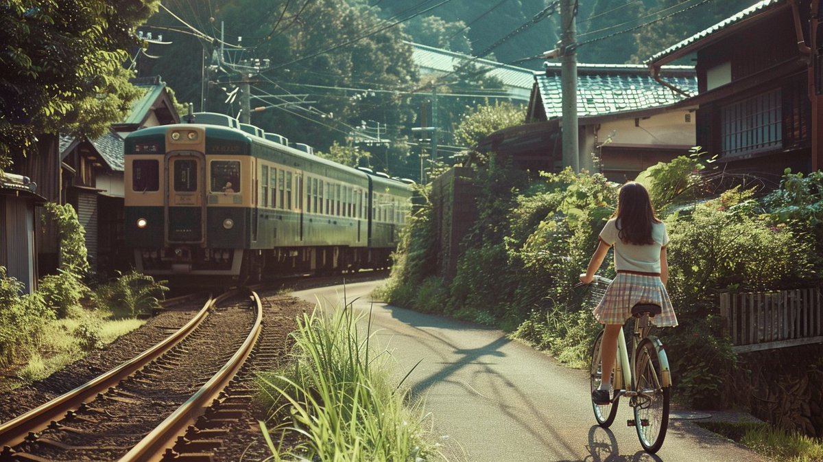 AI_playjourney's tweet photo. 1枚目 #ImageFX
2枚目 #Filmfotos
3枚目 #Midjourney
どれも「日本人女子高生が学校帰りに自転車に乗って帰っている、田舎道、電車、写真」イメージした物どれが好み? https://t.co/6TUnkQnkTp