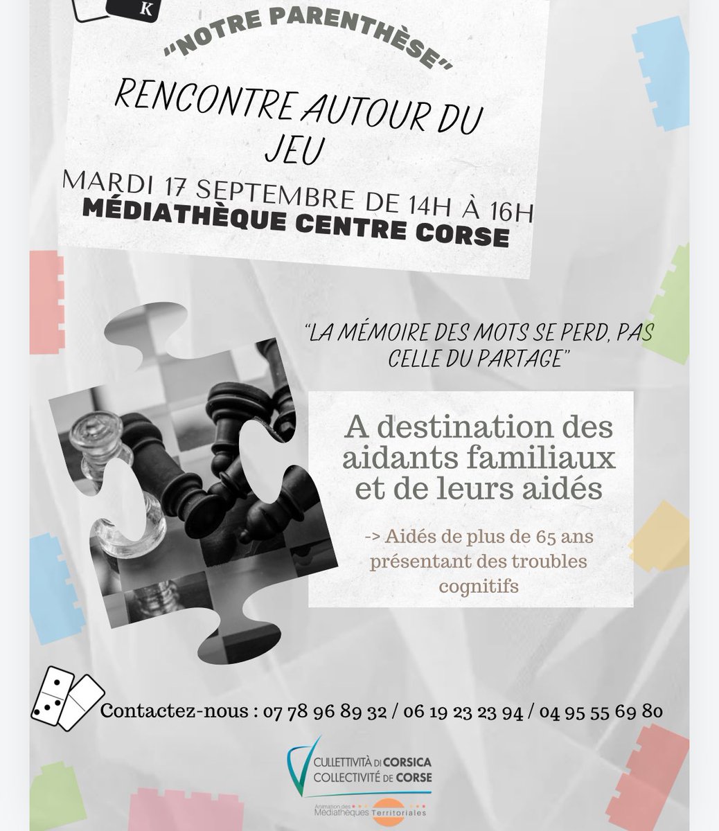 [NOTRE PARENTHÈSE]
En association avec la #MédiathèqueCentreCorse, l’équipe #ESAMND de l’<a href="/admr2B/">ADMR2B</a>, propose des ateliers à destination des #aidants et #aidés un mardi par mois à Corte.

Mardi 17 septembre, de 14h à 16h se déroulera un atelier sur la rencontre autour du jeu 🧩🎲♟️🃏