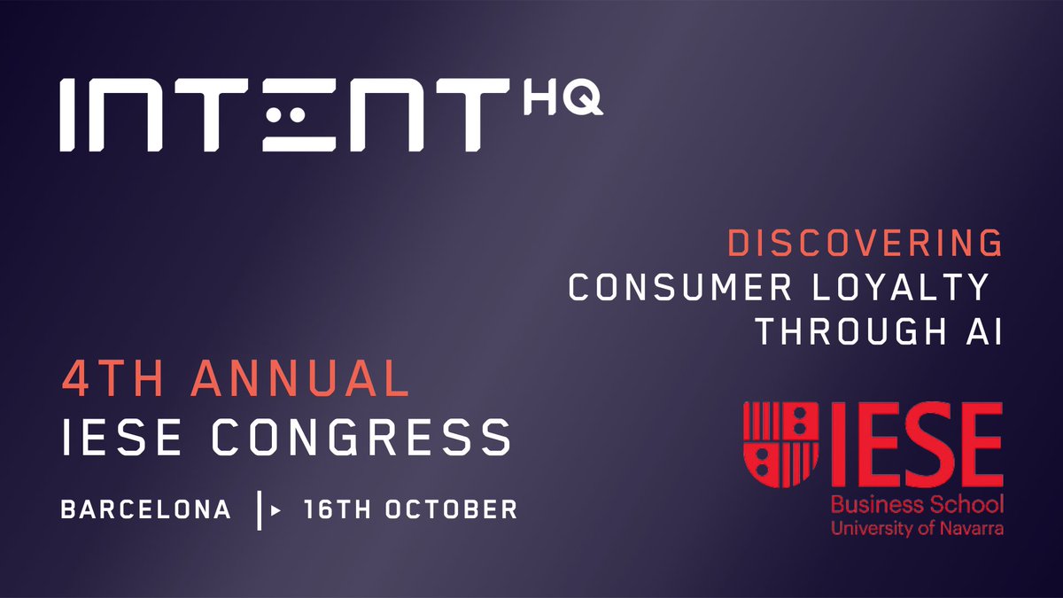 Just 1 month until the 4th Intent HQ IESE Congress in Barcelona! Join us on Oct 16th to explore how AI is revolutionizing brand loyalty &amp; consumer behavior. 

Sign up for free: hubs.ly/Q02PhRZK0 

#IESECongress #AI #CustomerLoyalty