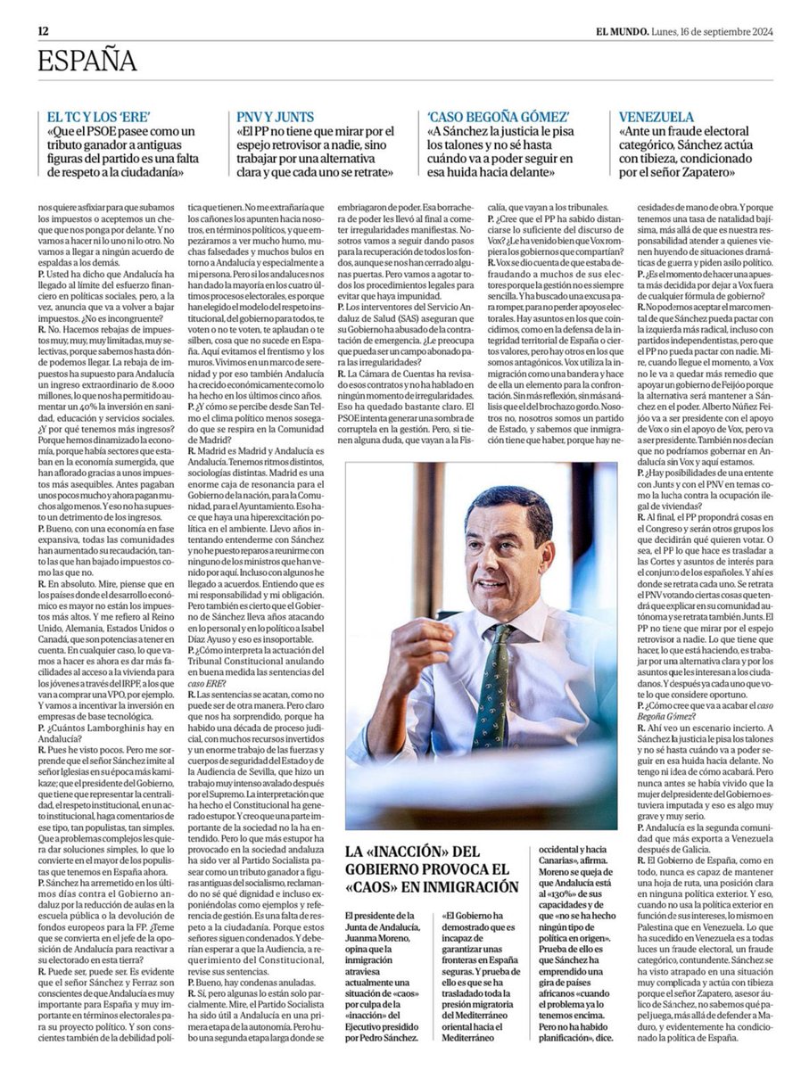 Nuestro presidente <a href="/JuanMa_Moreno/">Juanma Moreno</a> hoy en <a href="/elmundoes/">EL MUNDO</a> contra la desigualdad del cupo de Sánchez