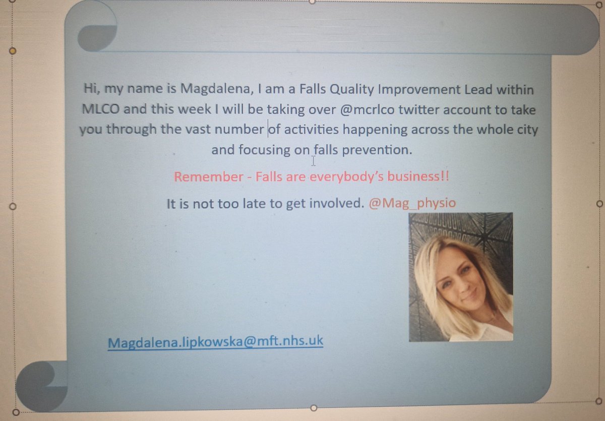 Hi,
My name is Magdalena, I am a Falls Quality Improvement Lead within MLCO and this week I'll be taking over MLCO Twitter account talking about falls prevention.
#FallsAwarenessWeek
#BeFallsPrepared
#ThinkFalls
<a href="/lauramayoshea1/">lauramayoshea</a> 
<a href="/Mag_physio/">Magdalena</a>