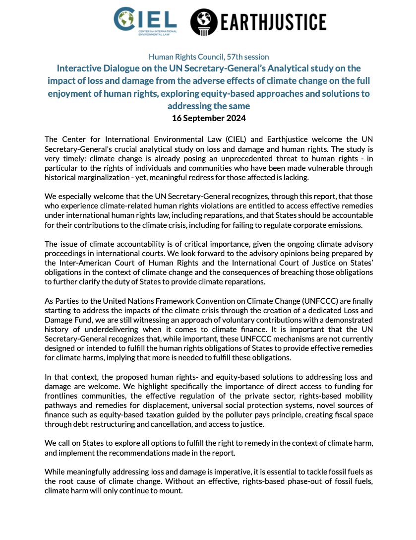 We welcome <a href="/antonioguterres/">António Guterres</a>' study on #LossAndDamage &amp; human rights which was presented today at #HRC57.
The report leaves no doubt: under intl. law, countries &amp; corporations responsible for the #ClimateCrisis must remedy climate-related harms.

READ: ciel.org/wp-content/upl…
A 🧵