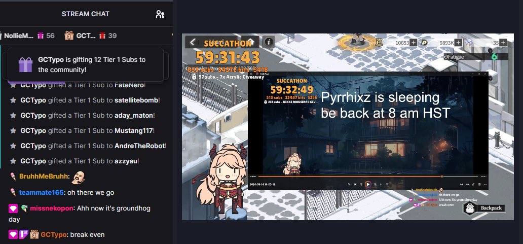 Pyrrhixz's tweet photo. Day 2 of Succathon has ended!!! Today we beat #NIKKE hard mode chapter 32 and I only knocked the timer down by a few secondsโฆ.
You guys have been amazing so far and weโre closing in on the 750 sub goal closing out day 2 of #succathon
Thank you to @skyJLVTV @StarlineStella @lunamayjen and @AstriaLive for the lovely raids!
See you all tomorrow at 12:00 pm PST!