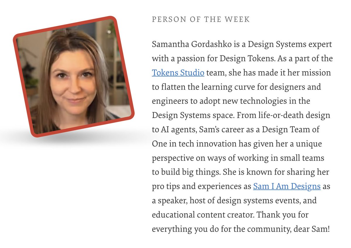 Our Person of the Week is a Design Systems expert on a mission to help designers adopt new technologies in the design systems space. Drumrolls, please, for... Samantha Gordashko!

Thank you for everything you do for the community, dear <a href="/SamIam_Designs/">Sam I am 🫶</a>!

#smashingcommunity