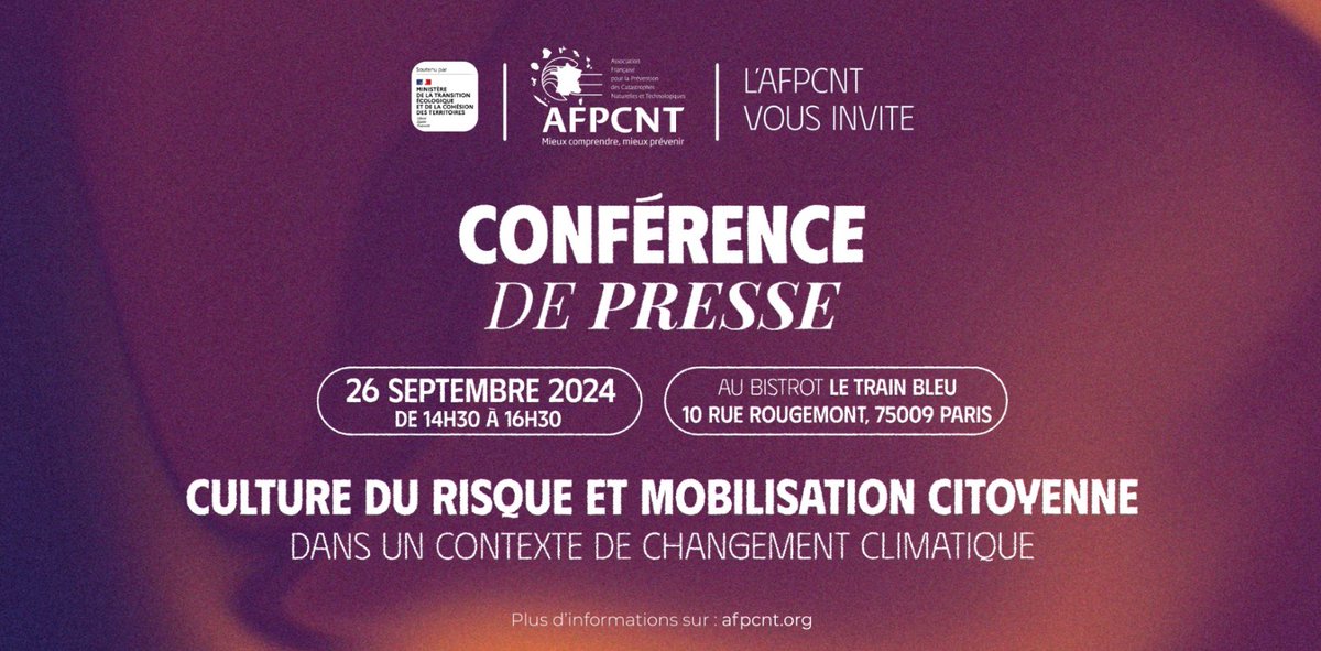 Réservez la date : 
Conférence de Presse – La culture du risque et la mobilisation citoyenne dans un contexte de changement climatique.
Jeudi 26 septembre 2024
10h30 à 12h
Le Train Bleu (Gare de Lyon, Paris)