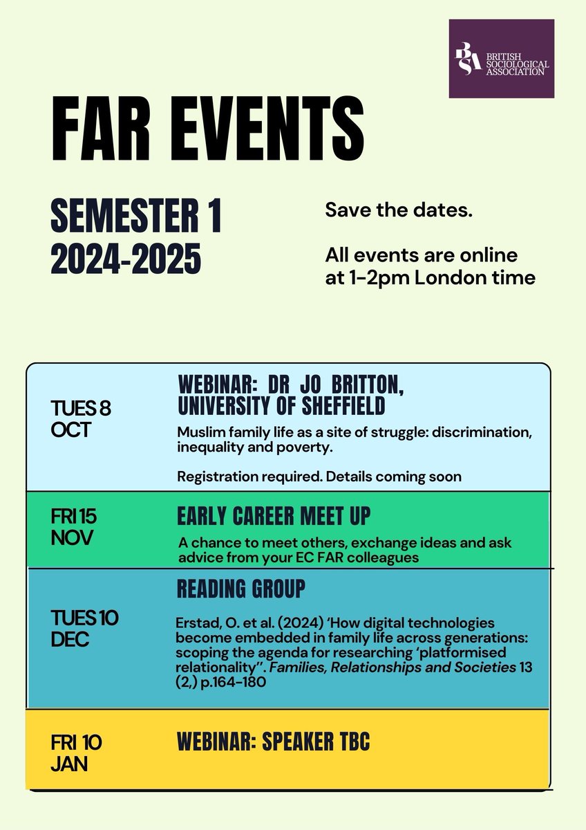 We're pleased to announce our calendar of events for the coming semester. And esp. delighted to share that Dr Jo Britton will be our first webinar speaker on 8 October. Put the dates in your diary now and look out for FAR emails with details of how to register. Please RT.