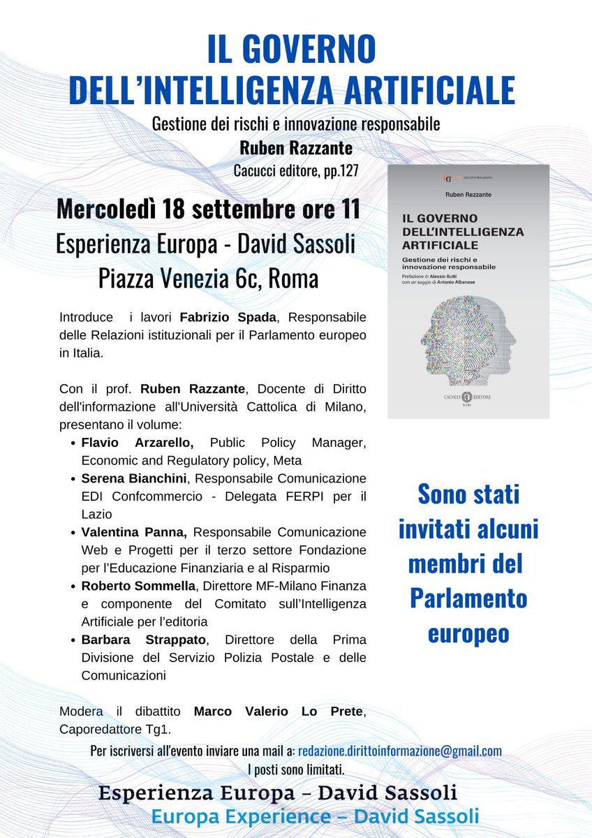 Questo mercoledi a Roma un confronto tra esperti sul governo concreto dell’IA per lo sviluppo economico e sociale. A partire dal libro
di <a href="/RubenRazzante/">Ruben Razzante</a>