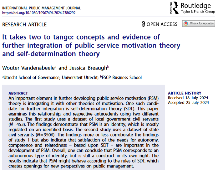 Motivating public employees has many facets. In this paper <a href="/JessBreaugh/">Jessica Breaugh</a> and myself combine insights from PSM, SDT and identity theory. We show that PSM behaves according to the laws of ' SDT physics' , with PSM resembling  identified motivation. #IPMJ
tandfonline.com/doi/full/10.10…