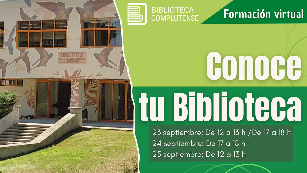 🏛️Aprovecha este taller en línea para sacarle partido a todos los servicios y recursos que te ofrece la #BibliotecaComplutense. 4 sesiones, para que elijas el horario que mejor te venga.
Inscripciones abiertas:
🔗bit.ly/ConoceTuBiblio
#FormaciónBUC #BibliotecaComplutenseEnlínea