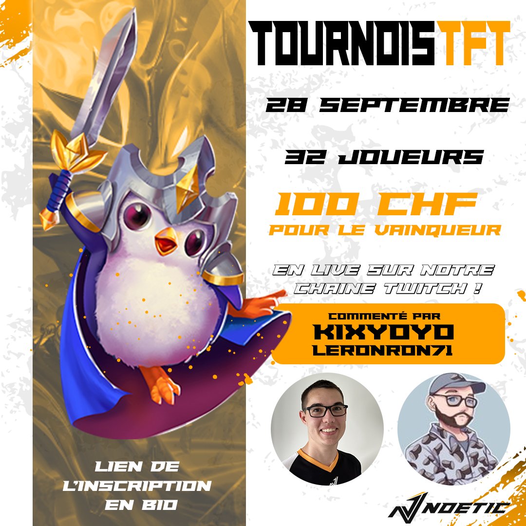 ⚔️"NOETIC TFT Tournament"  32 joueurs max   

📅Date : Le 28 septembre 2024 toute la journée 
Prix : 100.- pour le premier  

📺Le tournoi sera live sur la chaîne de noetic, commenté par Kixyoyo <a href="/CH_RonRon/">RonRon eLS</a> 

🔗Lien pour s'inscrire au tournoi : play.toornament.com/fr/tournaments…

#tft