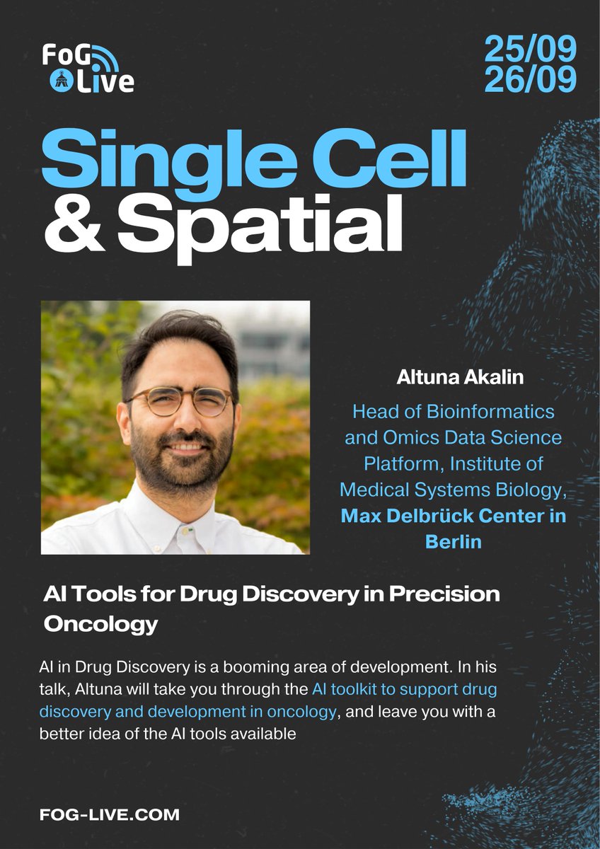 We're kicking off this week with some #singlecell track highlights from the upcoming #foglive event! (hubs.la/Q02PXCP90) First up is <a href="/AltunaAkalin/">Altuna Akalin</a> from <a href="/MDC_Berlin/">Max Delbrück Center</a>, presenting an #AI toolkit for #drugdiscovery that is working to save cost and time in the lengthy process