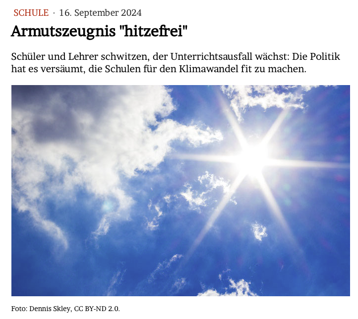 JMWiarda's tweet photo. Armutszeugnis "#hitzefrei"
Schüler und Lehrer schwitzen, der Unterrichtsausfall wächst: Die Politik hat es versäumt, die Schulen für den #Klimawandel fit zu machen. #WiardaWillsWissen
Meine Kolumne im @Tagesspiegel und im Blog: https://t.co/3BahWDWYPn https://t.co/cZaBUvoijW
