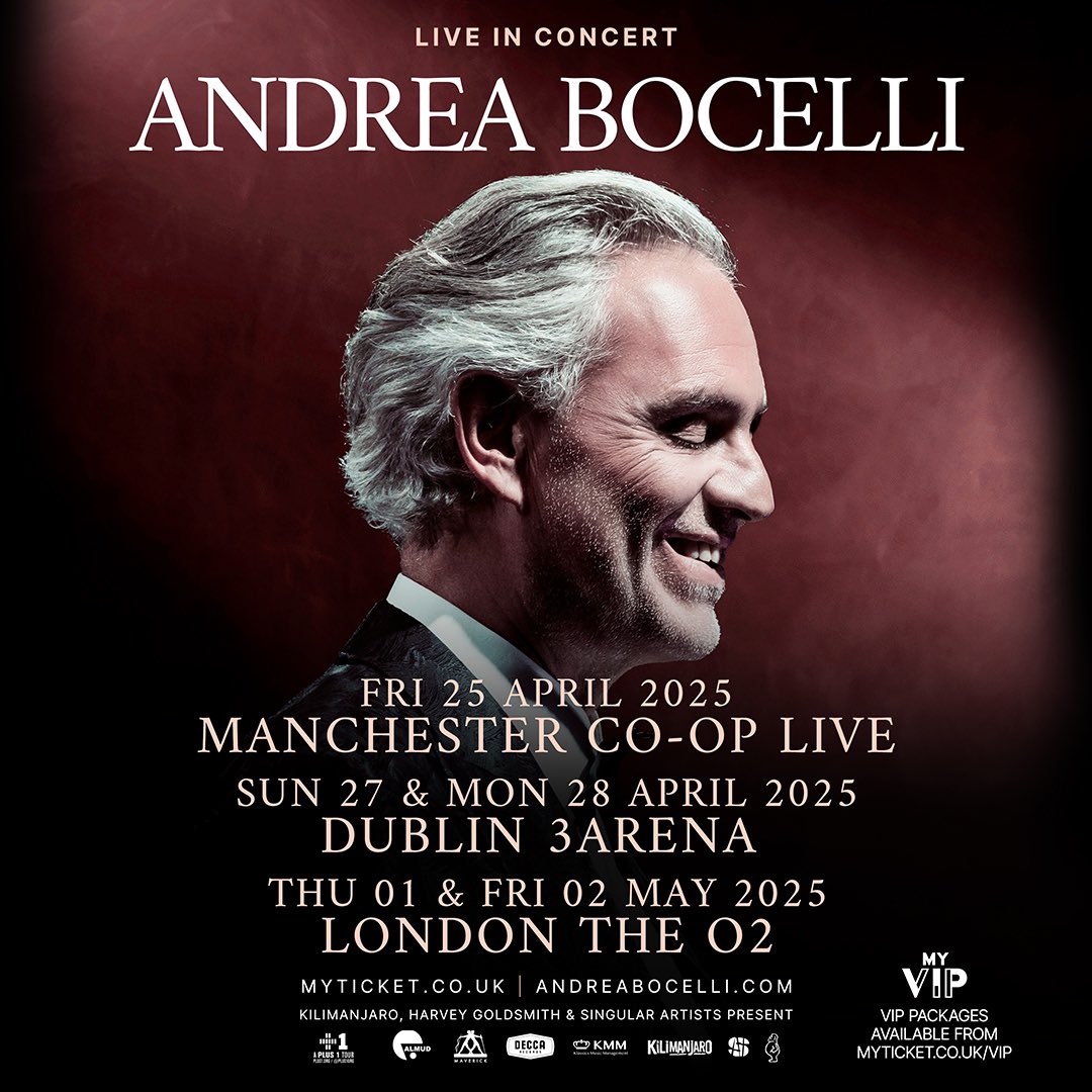 Maestro Bocelli Live In Concert at Manchester, Co-op Live Friday 25th April and London, The O2 Thursday 1st and Friday 2nd May 2025.
Tickets will go on sale Friday 20th September at 10am BST.