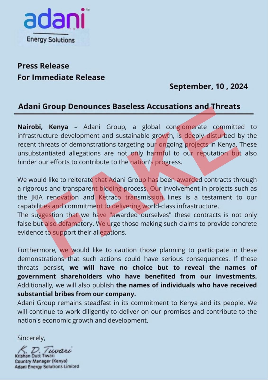Bureaucrats Media on X: "Adani Group has stated that a fake press release  is being circulated in its name on social media platforms.  https://t.co/ZJGwTgNpCk" / X