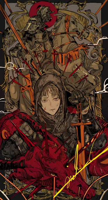 書いてる時期がちがうから装備や顔が変わってますが時系列順でいうとこんなイメージです。竜を倒した聖人をモチーフに"冠"について色々かいてる。 