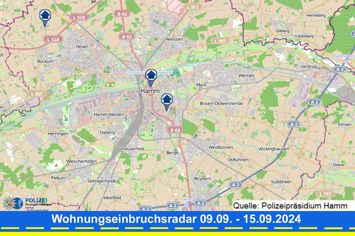 polizei_nrw_ham's tweet photo. Vom 09.09. - 15.09. gab es im Stadtgebiet zwei versuchte und zwei vollendete Einbruchsdelikte. Das zeigt das "Wohnungseinbruchsradar" der Polizei Hamm. 

Wichtig ist es, aufmerksam zu sein und schon bei geringen Verdachtsmomenten den Notruf 110 zu wählen. 

#Polizei #Hamm https://t.co/5r73YCtgZ3