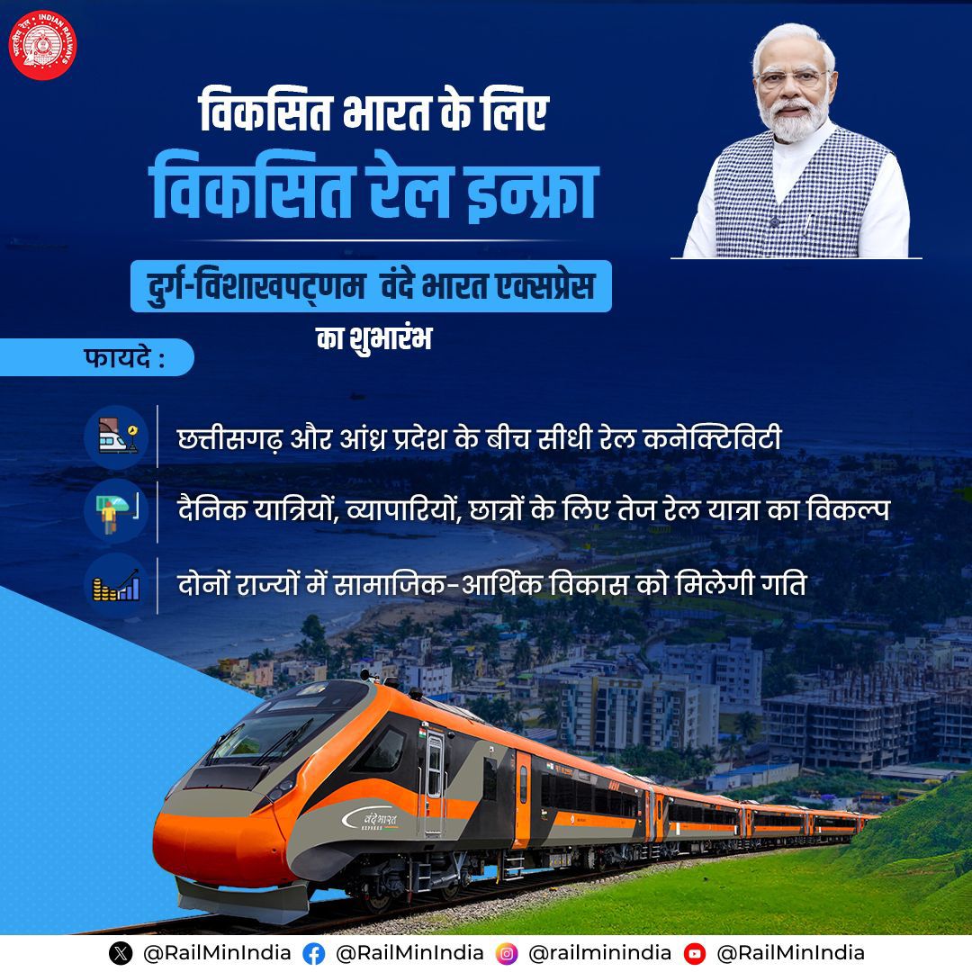 drmmumbaicr's tweet image. विकसित भारत के लिए विकसित रेल इन्फ्रा!

दुर्ग-विशाखपट्णम वंदे भारत एक्सप्रेस की शुरुआत से छत्तीसगढ़ और आंध्र प्रदेश के बीच सीधी कनेक्टिविटी, तेज यात्रा का विकल्प, और सामाजिक-आर्थिक विकास को मिलेगी नई गति।

#VandeMetro
#VandeBharatExpress
#RailInfra4Gujarat
#NamoBharatRapidRail