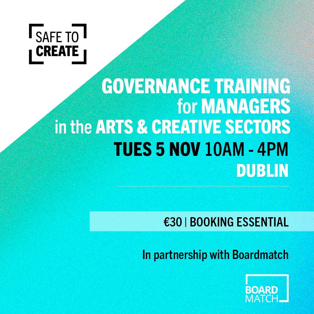 safetocreate_ie's tweet image. Are you a manager in the arts and creative sectors who report to the board and want to develop your understanding of its needs?
Safe to Create: Governance Training for Managers in the Arts &amp;amp; Creative Sectors
Tues 5 Nov, 10am – 4pm
#Dublin 
€30 
Book Now: loom.ly/SLAuUio
