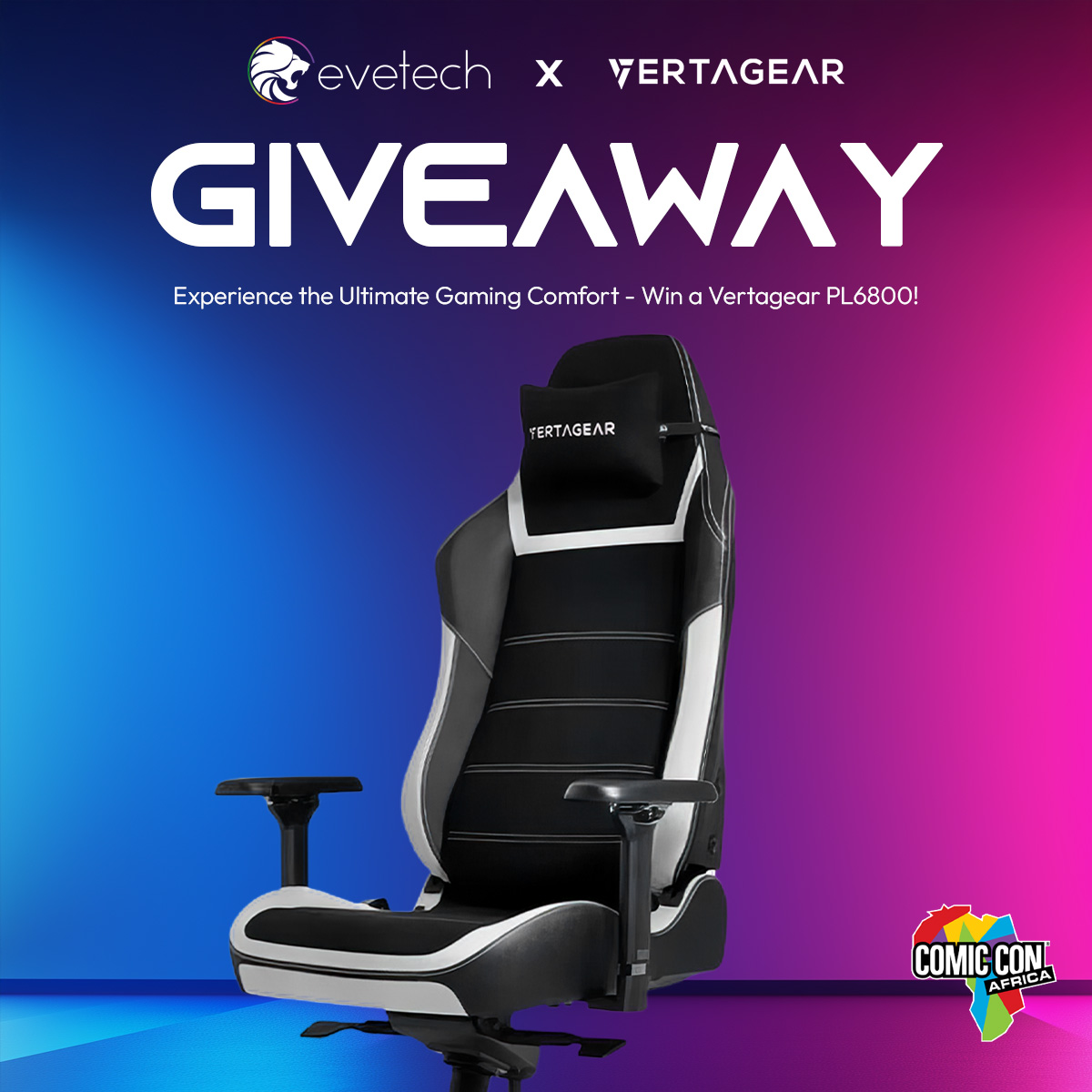 Evetech x <a href="/Vertagear/">VERTAGEAR</a>  Comic Con Giveaway!

Experience the ULTIMATE gaming comfort - Stand a chance to WIN a Vertagear PL6800 Gaming Chair!

🤔How to enter :
🔥Follow <a href="/Evetech/">EVETECH</a> 
🔥TAG 3 FRIENDS and #Vertagear in the comment
🔥Click on our GLEAM Link and follow all the STEPS to have