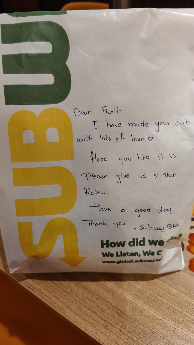 punitdharamsi's tweet photo. @SUBWAY @SubwayIndia This was cute! Made me and my colleagues smile 😀 
Thanks to whoever at Subway #BKC did this! https://t.co/BBhspdmGhU