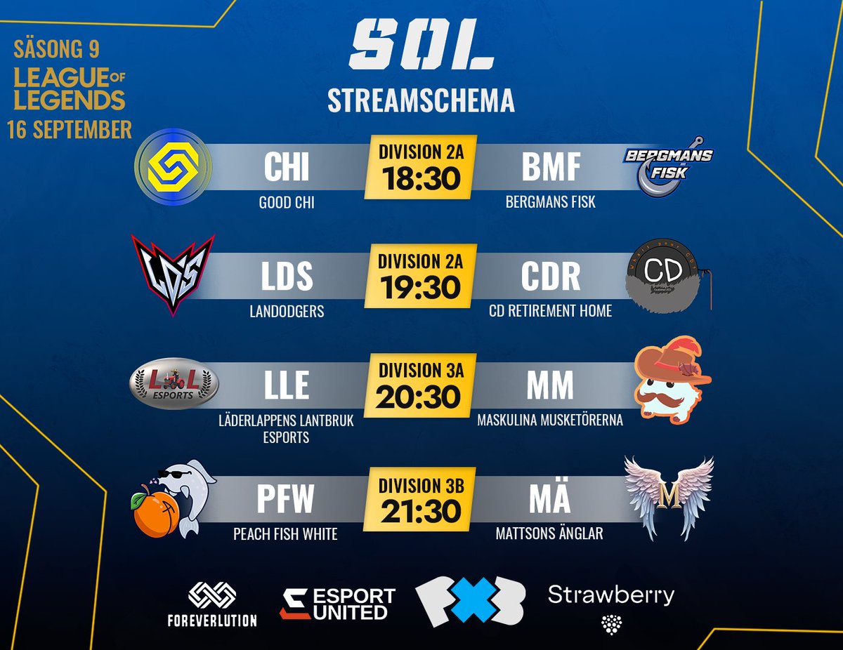 📢 Säsong 9 | Division 2 &amp; 3 | Streamschema 🚨

Meeega-Måndag och ikväll streamar vi matcher från division 2 &amp; 3 !⚔️

Klockan 18:15 är vi live! 👇

🎙<a href="/hat_casts/">hatten</a>, <a href="/Daniate4/">Daniate</a>  &amp; <a href="/ZzleeperJR/">Filip "Zzleeper" Rosenquist</a>
📺twitch.tv/svenskaonlinel…